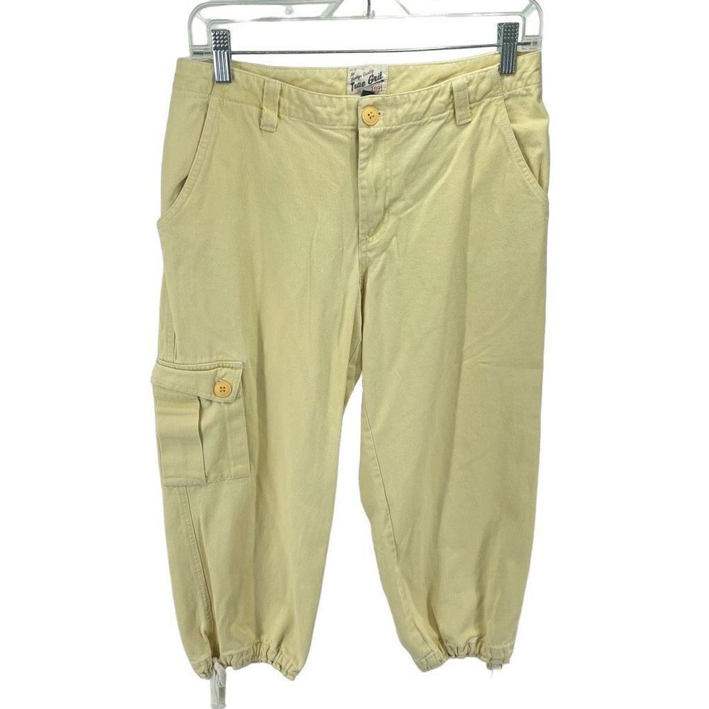 True Grit womens washed twill raw string Capri cargo pants light yellow 6